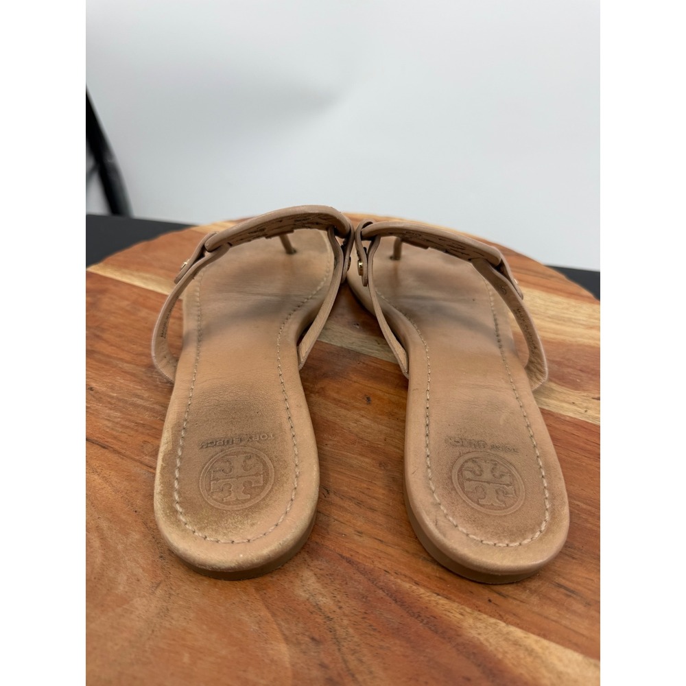 Tory Burch Miller Sandal Women 7M Tan Leather Logo Thong Flat 5930 Sand - Picture 5 of 7